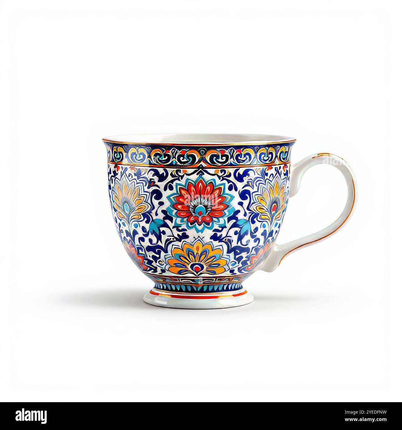 Vintage-Kaffeeset mit farbenfroher Dekoration isoliert Stockfoto