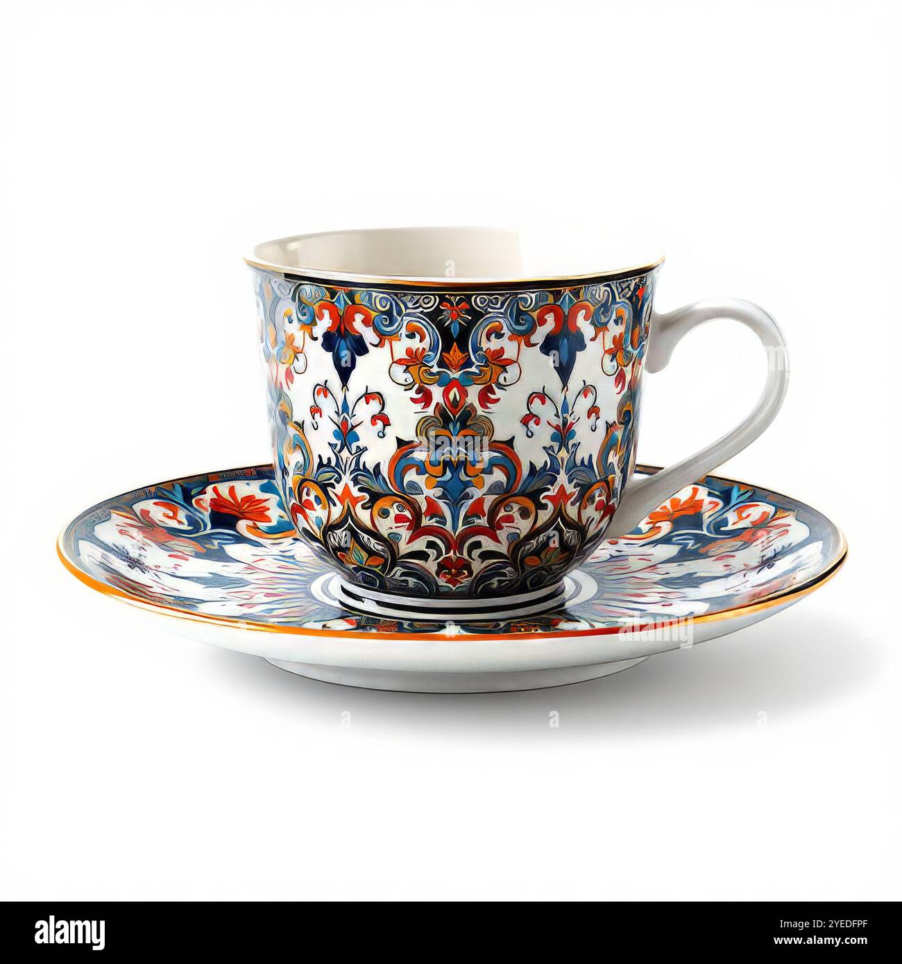 Vintage-Kaffeeset mit farbenfroher Dekoration isoliert Stockfoto