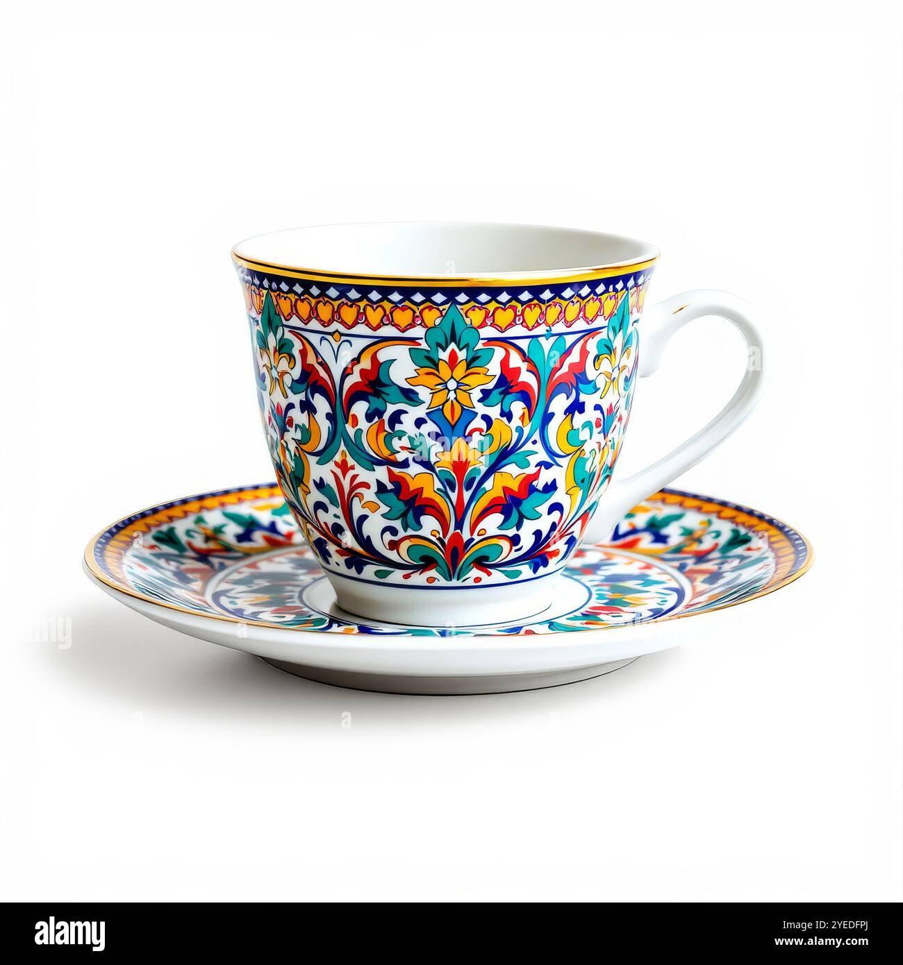 Vintage-Kaffeeset mit farbenfroher Dekoration isoliert Stockfoto