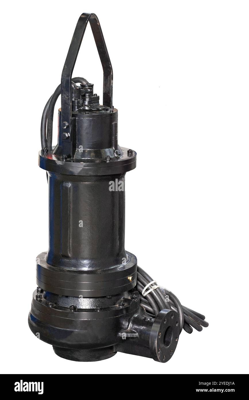 Hocheffiziente Tauchpumpe mit moderner Technik für die Abwasserwirtschaft. Isoliert auf weißem Hintergrund. Stockfoto