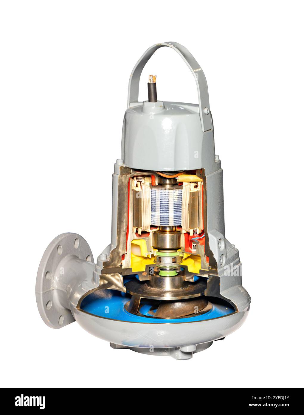 Untersuchung der inneren Funktionsweise einer Tauchpumpe, die technische Präzision und Konstruktion veranschaulicht. Isoliert auf weißem Hintergrund. Stockfoto