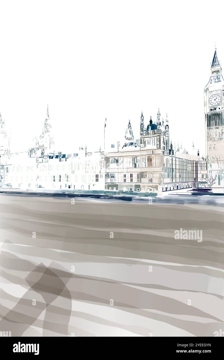 Tägliche Zusammenfassung. Digitale Malerei der britischen Parlamentsgebäude. Gemälde inspiriert von Rachel Reeves am Budgettag 2024. Gemälde von Russell Moore. Stockfoto