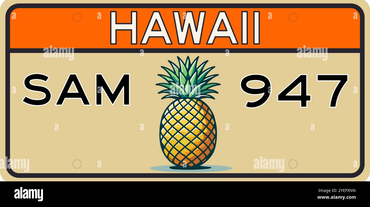 Ein einzigartiges hawaiianisches Nummernschilddesign mit einer einfachen Vektor-Illustration der ikonischen hawaiianischen Ananas, die das tropische Erbe des Bundesstaates feiert Stock Vektor