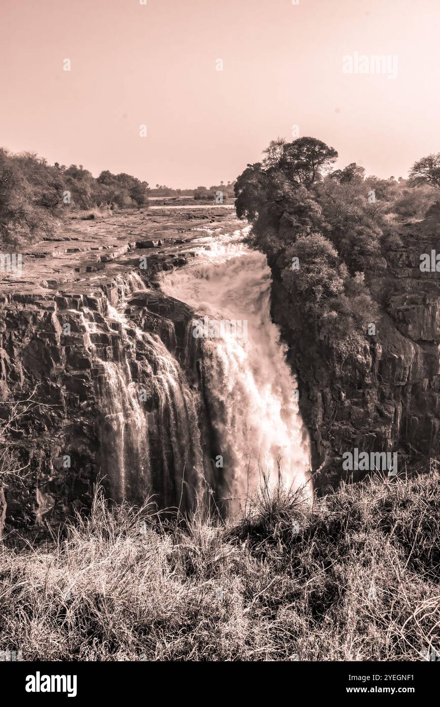 Ein großer Wasserfall, der inbrünstig über felsige Klippen sprudelt und von Bäumen umgeben ist und die Kraft und Schönheit der Natur in rauen Gebieten entlang des Sambesi darstellt. Stockfoto