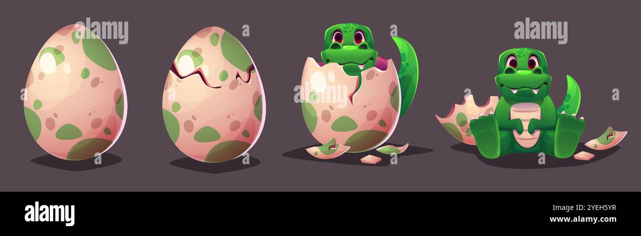 Dinosaurierschlüpfei. Niedliche Dino-Crack-Shell isolierte ui-Illustration. Zauberdrachen Baby-Born-Sequenz-Animation. Lustiges und komisches grünes Monster öffnet die weiße Hülle fürs Leben. Symbol für Paläontologie-Zeichen Stock Vektor