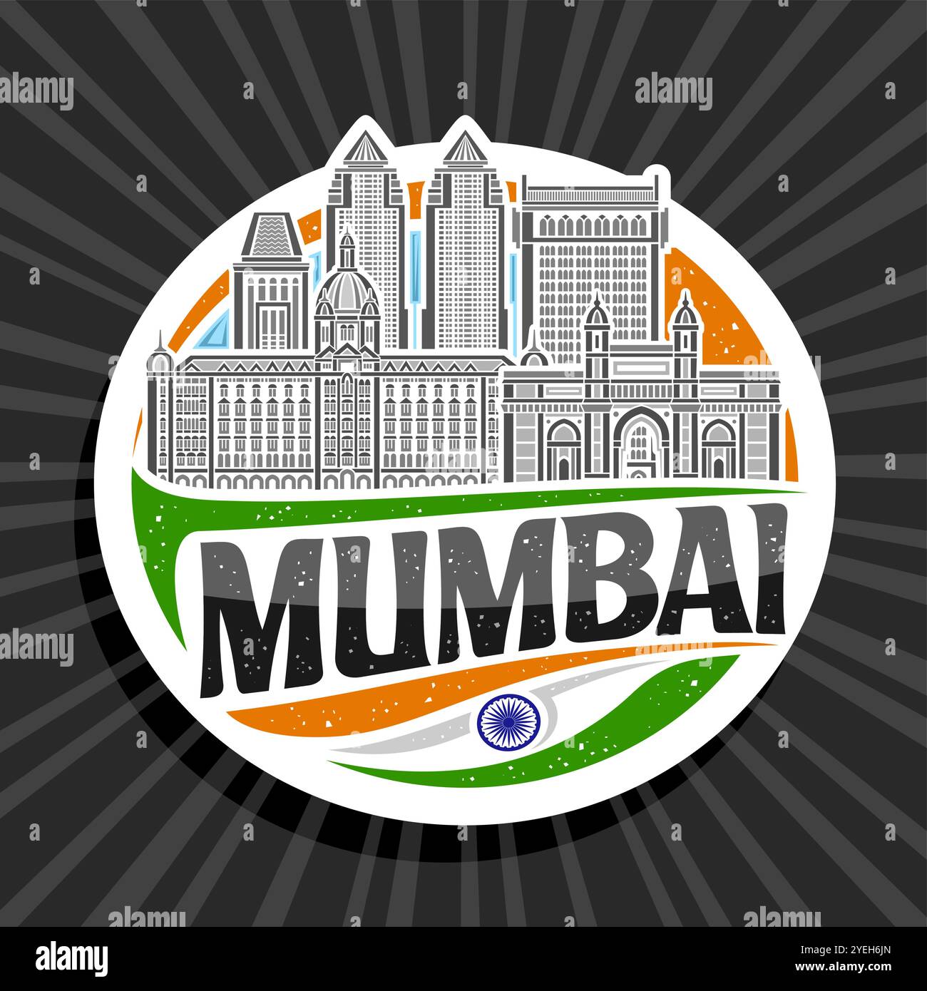 Vektor-Logo für Mumbai, weißer dekorativer Tag mit Linie Illustration der berühmten mumbai Stadtlandschaft auf Tag Himmel Hintergrund, Kunst Design Kühlschrank Magnet Stock Vektor