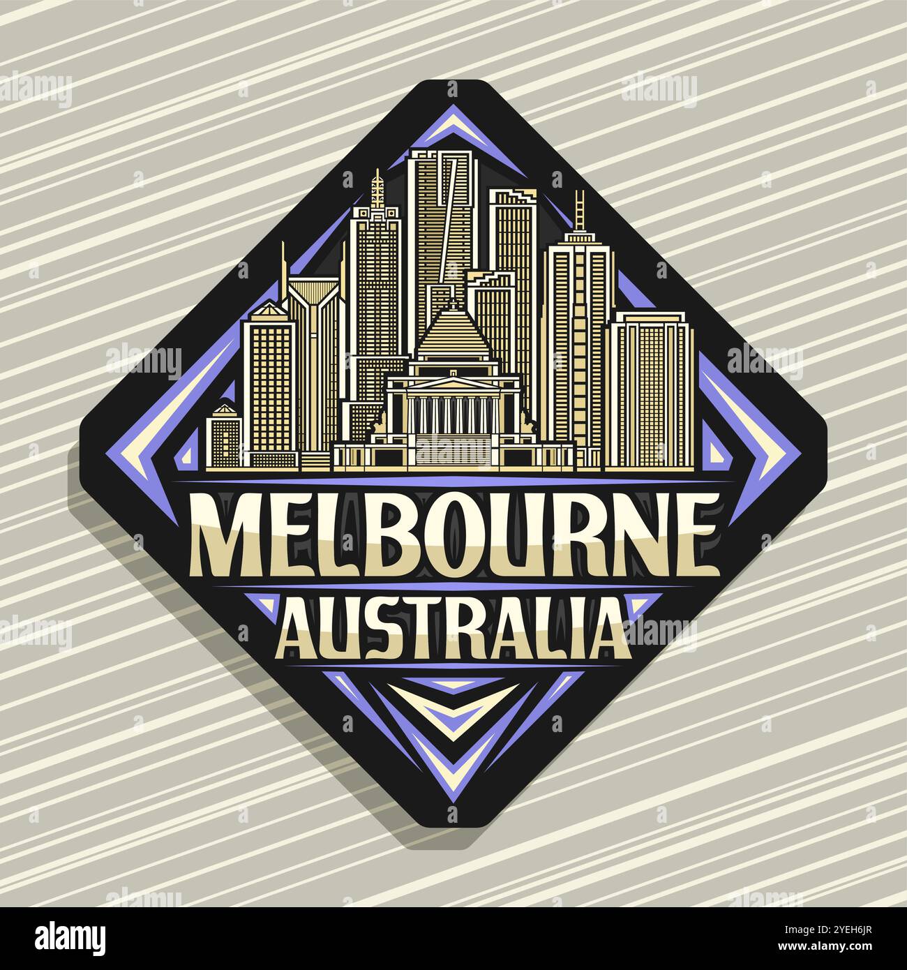 Vektor-Logo für Melbourne, schwarzes dekoratives Rautenschild mit Linienillustration der berühmten melbourne City Landschaft, Kunst Design Kühlschrank Magnet mit Stock Vektor