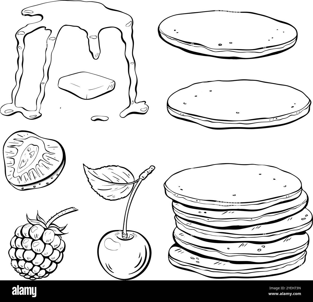 Bereiten Sie Pfannkuchen mit einer Auswahl an köstlichen Belägen und frischem Obst zu. Abbildung der Vektorskizze. Stock Vektor