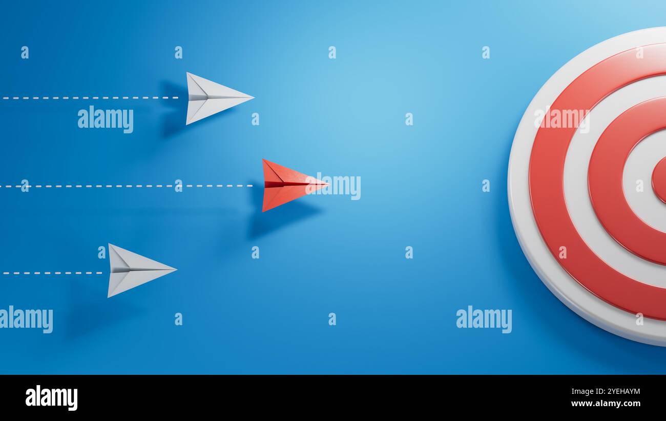 Konzeptabbildung Leaderplane. 2 weiße Papierebenen und 1 rote Ebene auf hellblauem Hintergrund.3D-Rendering auf blauem Hintergrund. Stockfoto