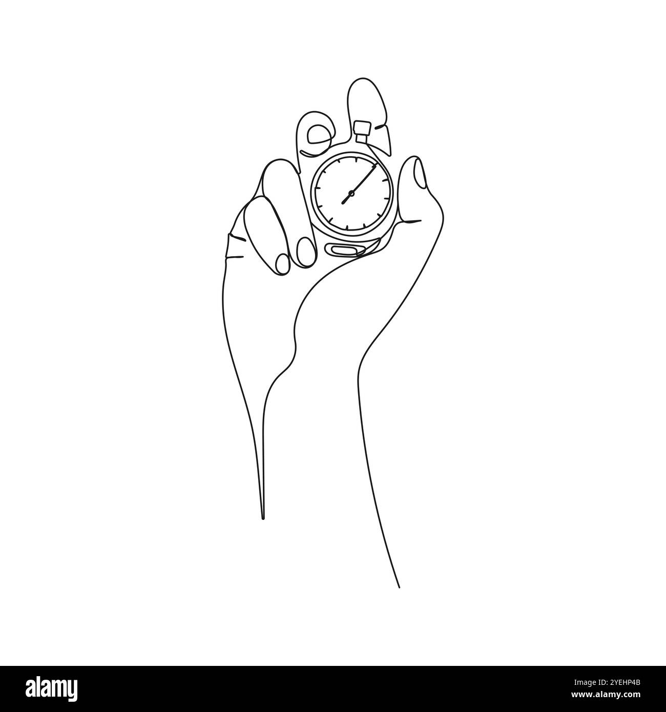 Menschliche Hand hält Stoppuhr. Einzeilige Art. Sportuhr für Wettkämpfe. Mess- und Zeitmanagementkonzept. Vektorabbildung. Stock Vektor