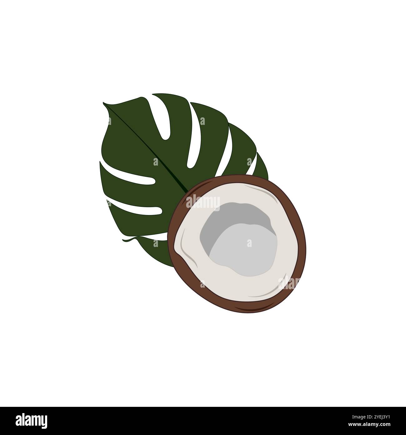 Kokos und tropisches Blatt. In halbsommerliche Früchte geschnitten. Illustration des flachen Vektors. Stock Vektor