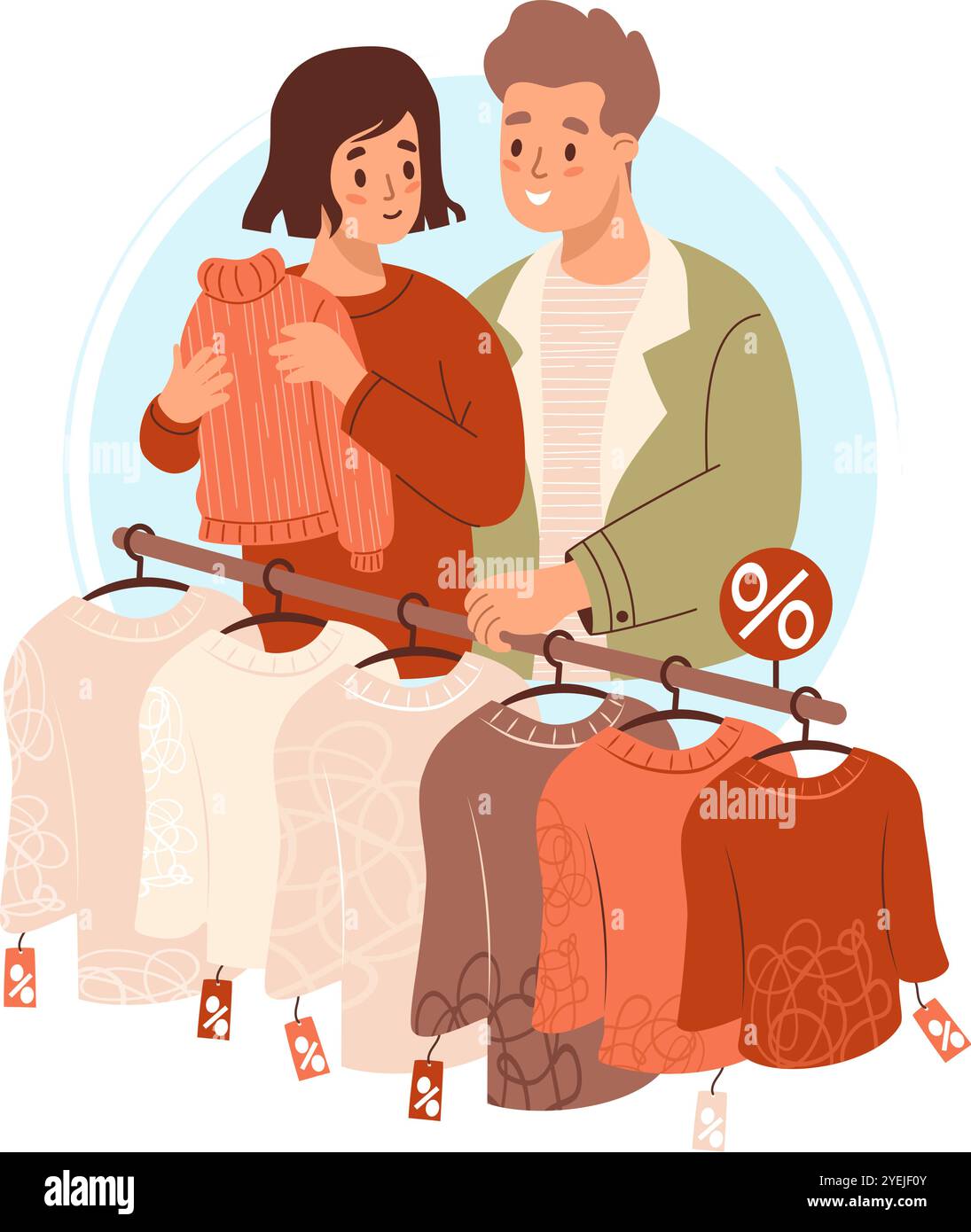 Glückliche Paare, Frauen und Männer, die einkaufen. Niedlicher Familienkunde, der sich für einen Geschenkpullover im saisonalen Angebot entscheidet, mit Kleiderbügeln und modischer Kleidung. Vektor Stock Vektor