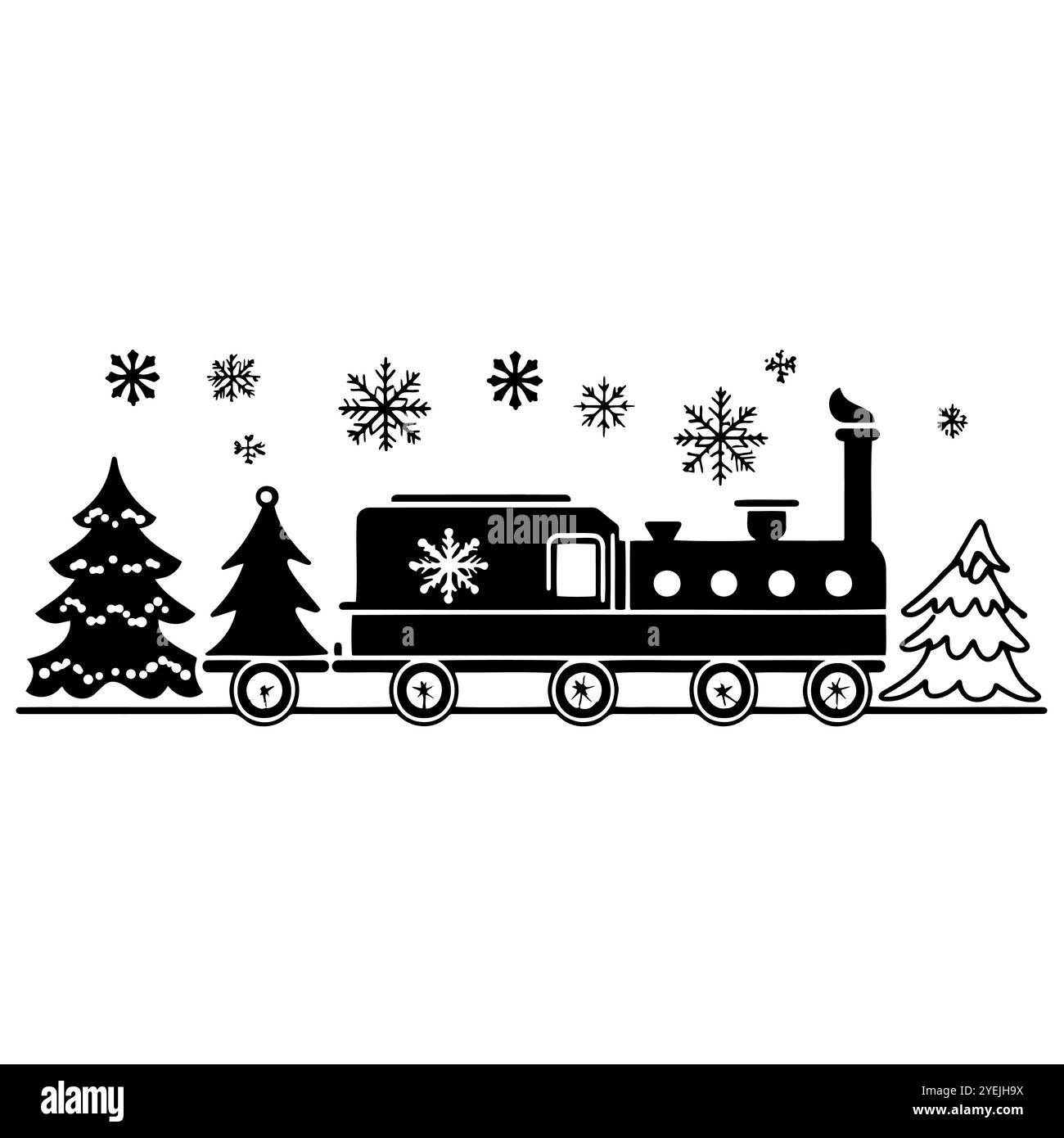 Weihnachtszug mit Schneeflocken und dekorierten Bäumen, der durch die Winterlandschaft fährt Stock Vektor
