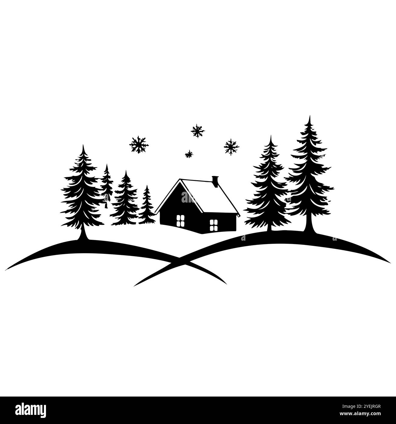 Verschneite Winterszene mit einer gemütlichen Hütte umgeben von hohen Kiefern und fallenden Schneeflocken Stock Vektor