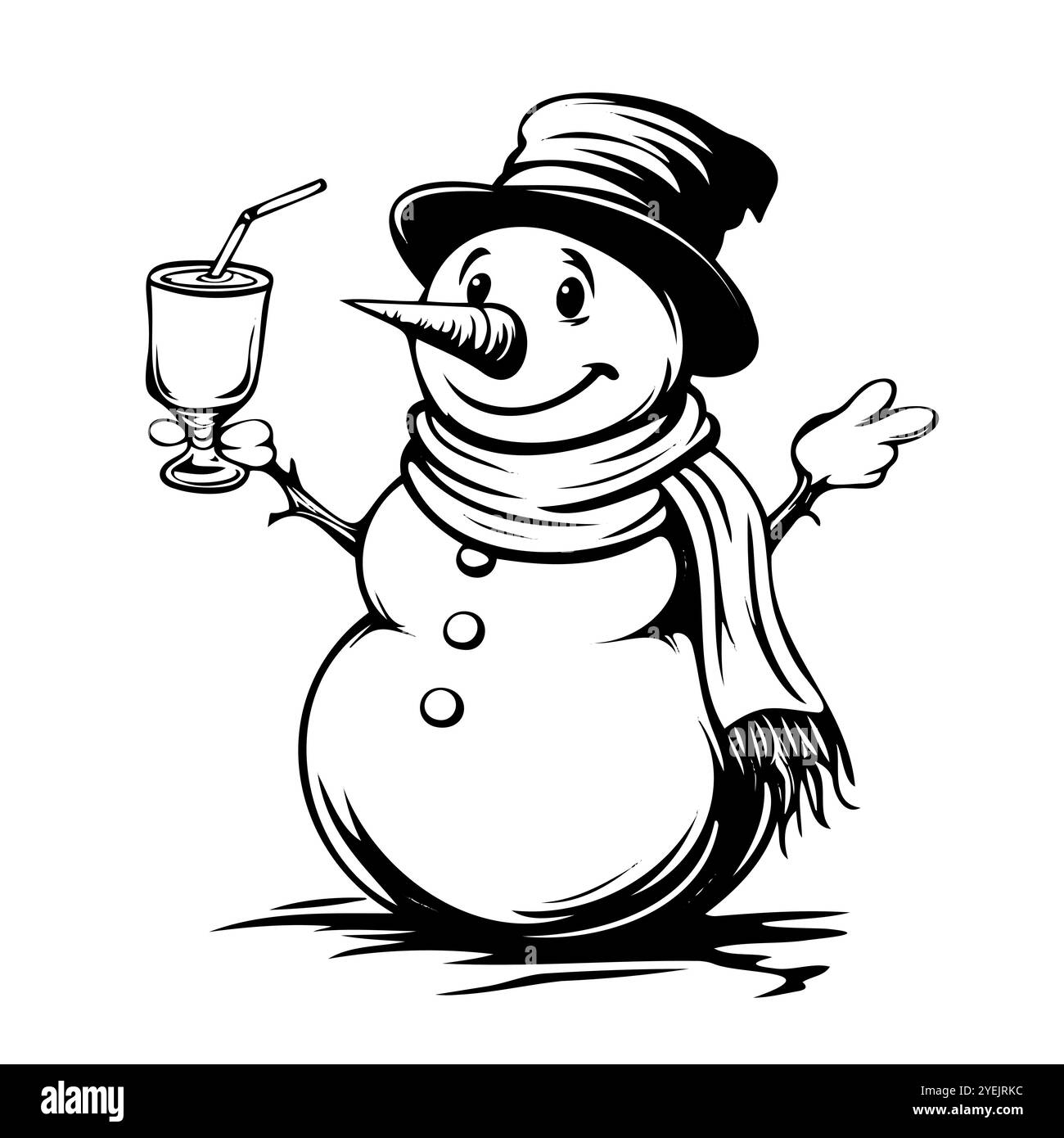 Fröhlicher Schneemann mit Hut und Schal, der ein festliches Getränk in einem Glas mit Strohhalm hält Stock Vektor