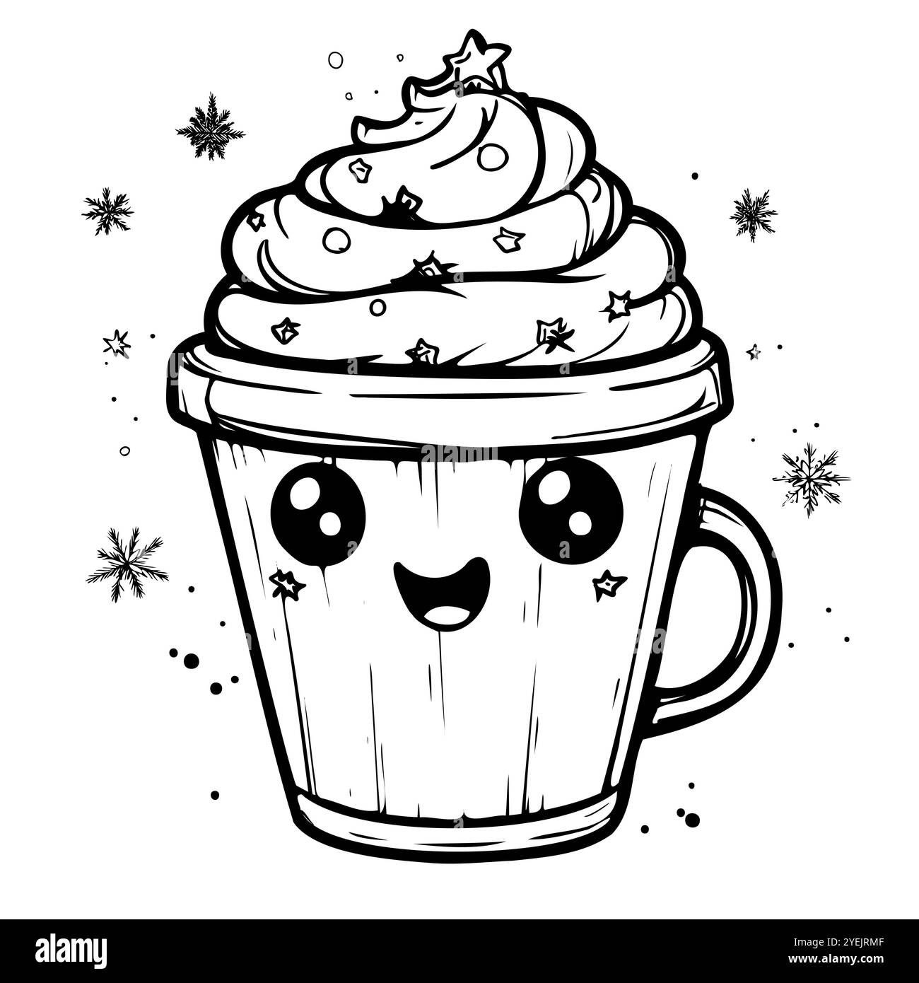 Süße Kaffeetasse mit Schlagsahne, lächelndem Gesicht und Sternstreuseln umgeben von Schneeflocken Stock Vektor