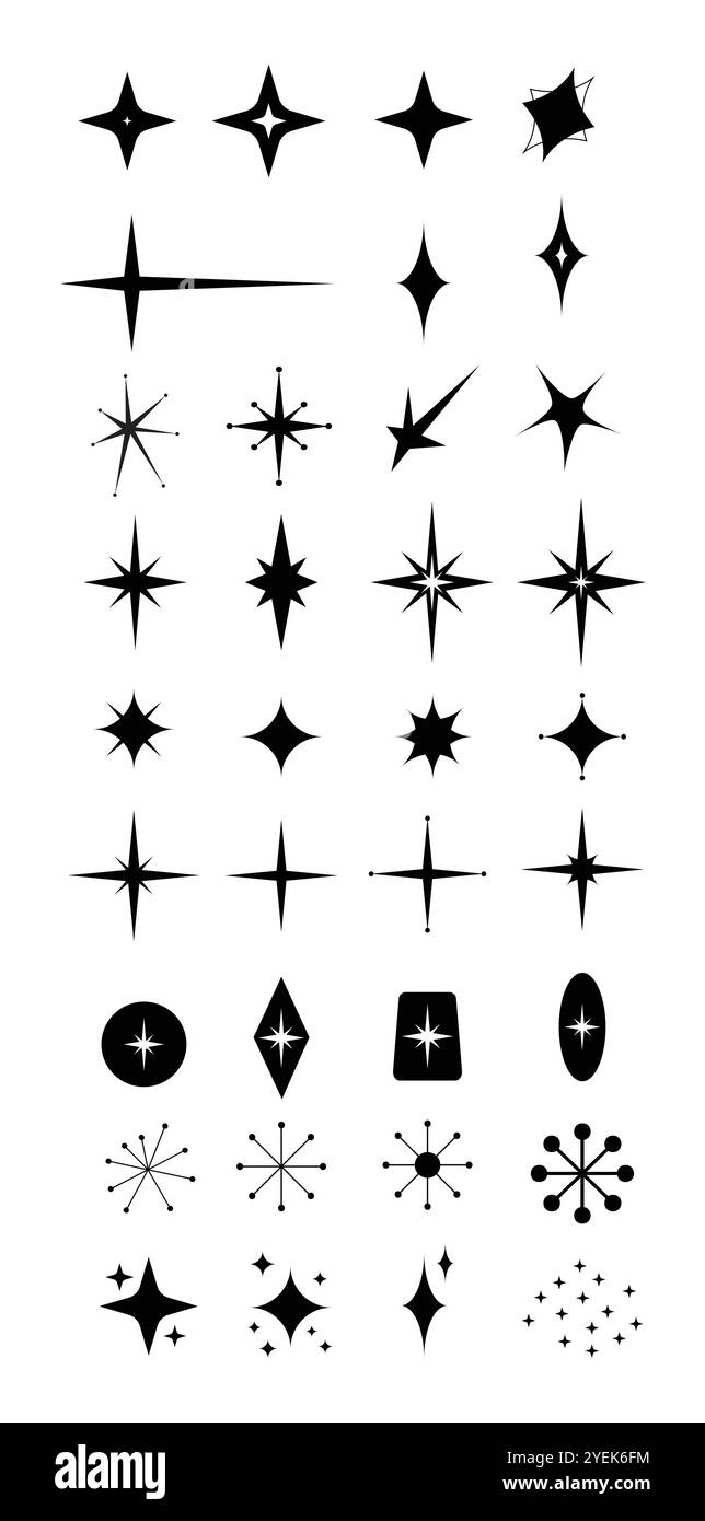 Satz grafischer Elemente – 35 verschiedene Sternenformen isoliert auf weiß Stock Vektor