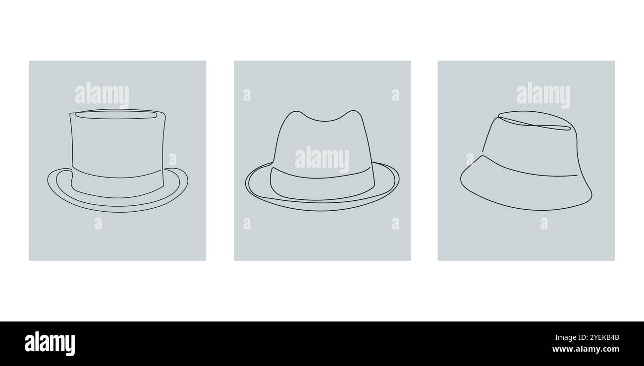 Vintage-Hüte-Kollektion für einen eleganten Mann in einer durchgehenden Linie. Top-Hut, panama und Eimerhut. Handgezeichnete Vektorgrafik. Stock Vektor
