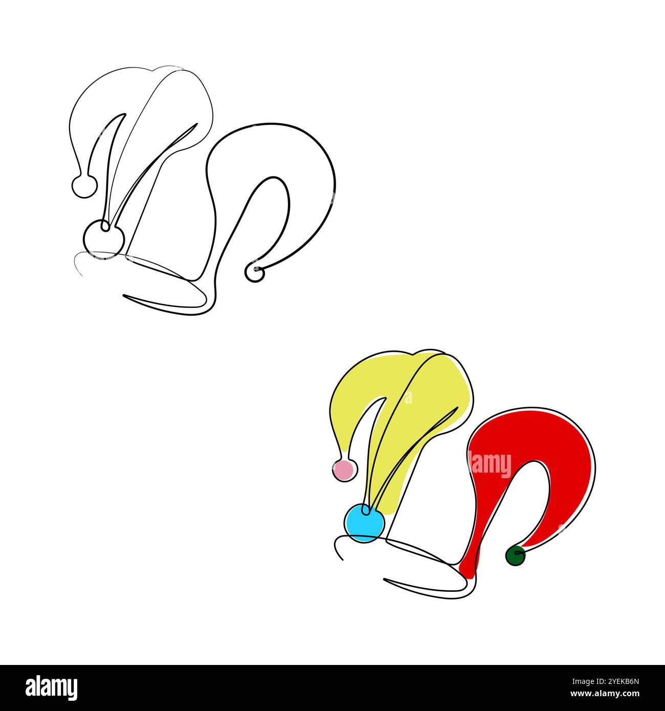 Zirkusnarrenhut in einzeiliger Zeichnung. Lustige Clownmütze mit Glocken. Harlequin Kostüm. Karnevalskopfbedeckungen. Handgezeichnete Vektorgrafik. Stock Vektor