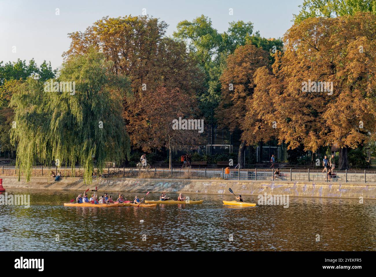Kajaktour auf dem Landwehrkanal beim Urbanhafen, Altweibersommer, Berlin-Kreuzberg Stockfoto