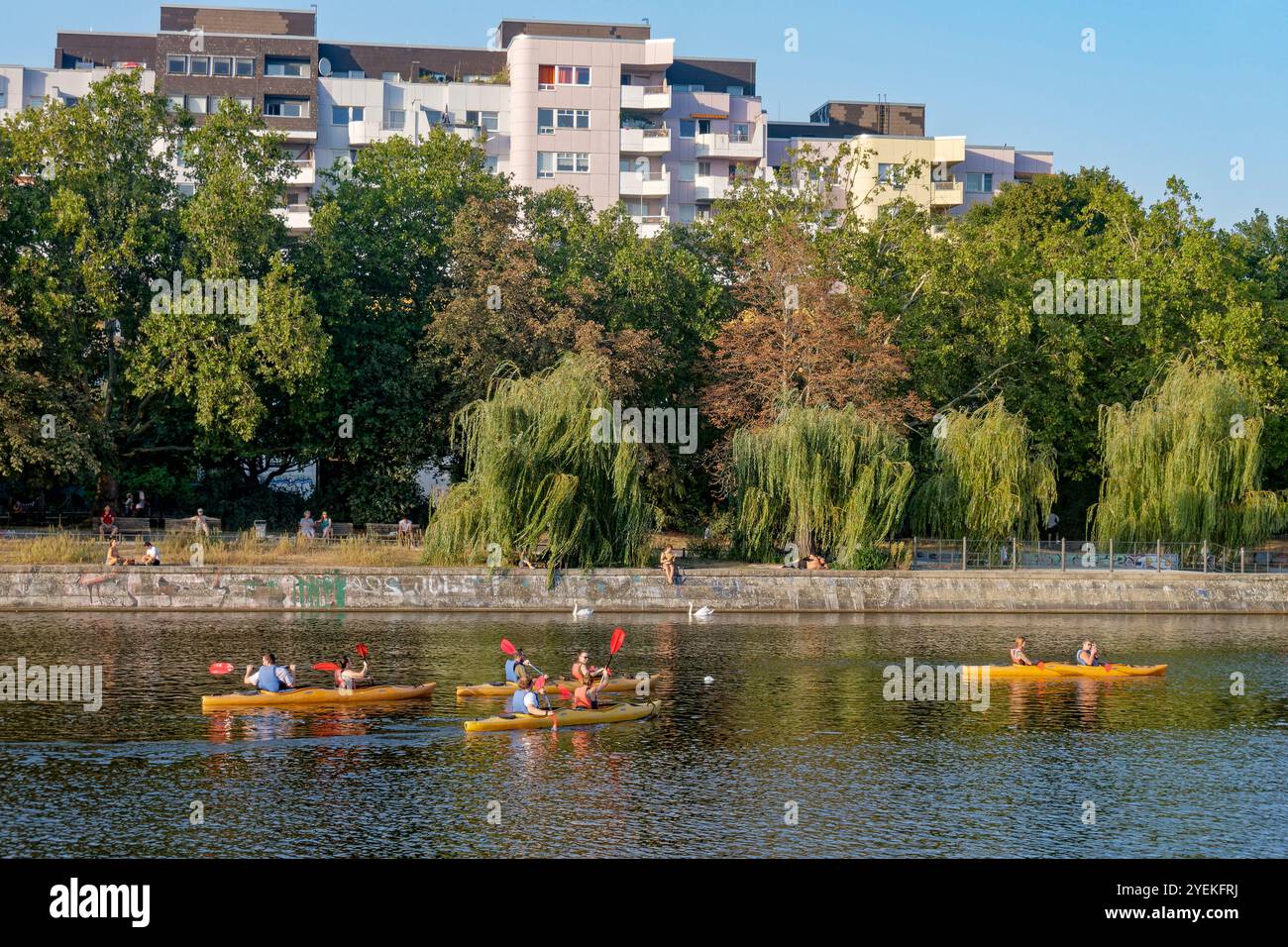 Kajaktour auf dem Landwehrkanal beim Urbanhafen, Altweibersommer, Berlin-Kreuzberg Stockfoto