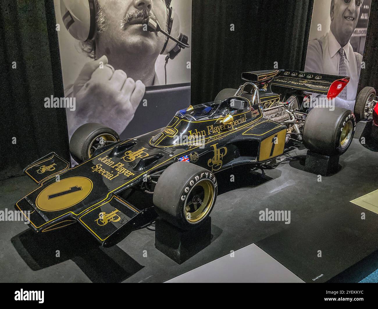 Colin Chapmans Black and Gold, JPS liveried, Lotus 72, gefahren von Emerson Fittipaldi, in dem er die Weltmeisterschaft 1972 gewann Stockfoto