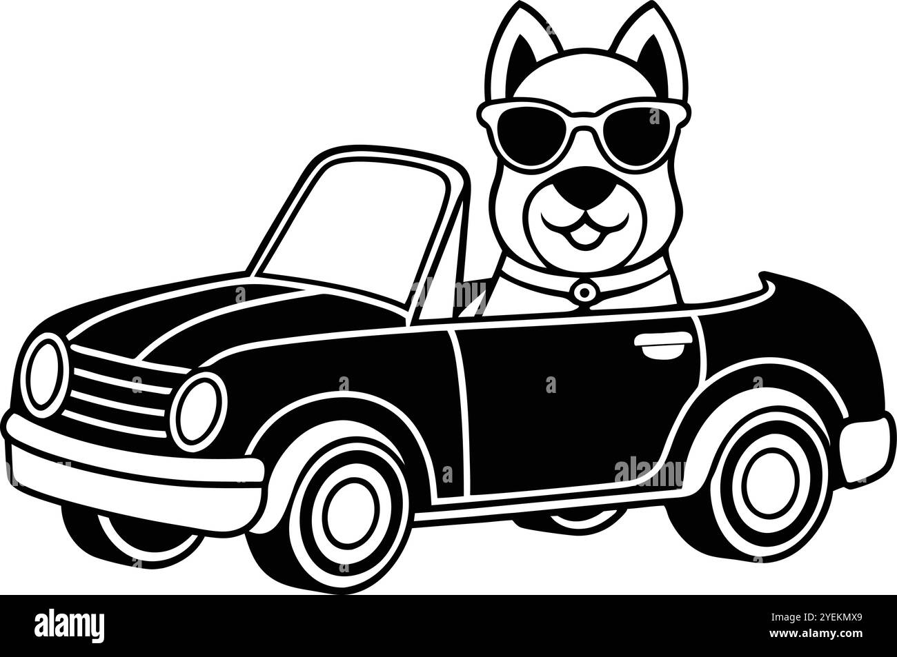 Illustration des Vektorsymbols Hund im Auto auf weißem Hintergrund Stock Vektor