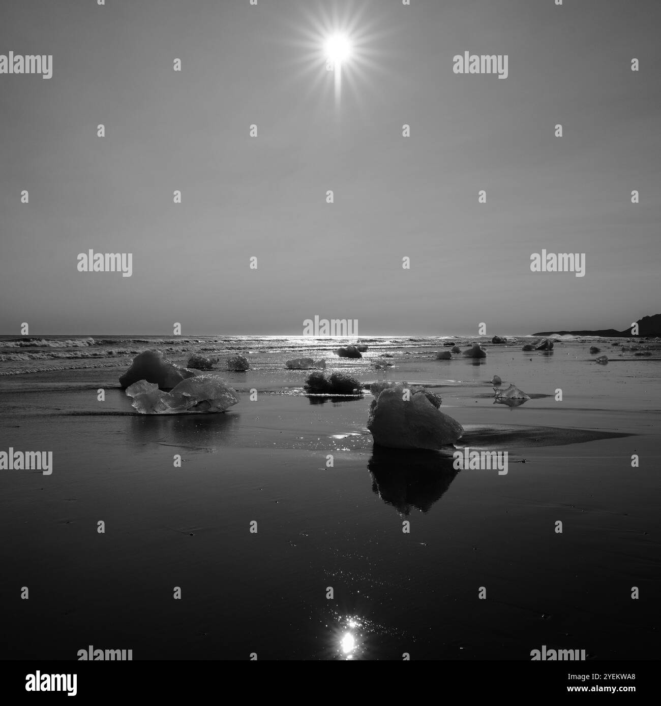 Der Diamond Beach mit vielen Eisbergen an seinem Strand in Island an der Südküste. Stockfoto