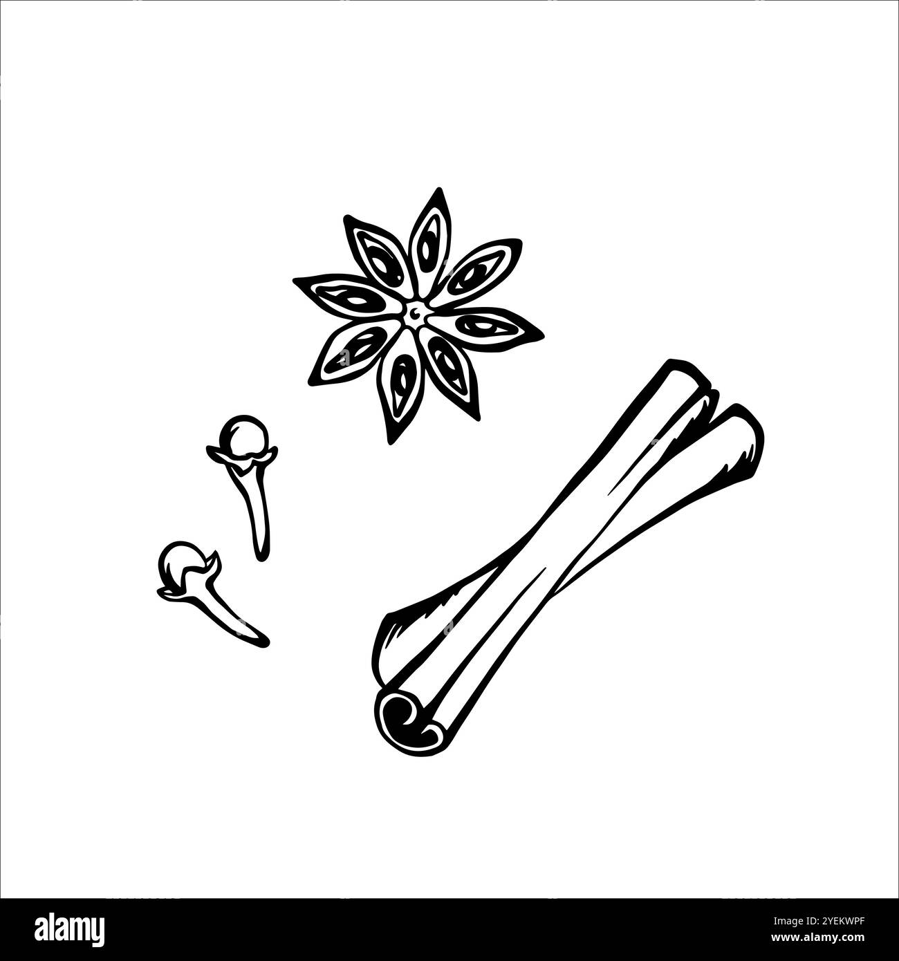 Handgezeichnetes Gewürzset. Zimtstab, Nelke, Anisstern. Schwarz-weiße Kritzelvektor-Illustration. Set für Konturentwurfelemente. Stock Vektor