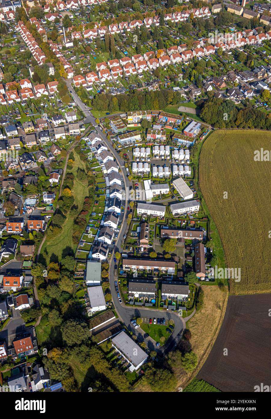 Luftbild, Reihenhaus Wohnsiedlung Karl-Marsiske-Straße mit geschwungener Straßenführung und Häuserzeile, Wohnhäuser Ökosiedlung mit bunten Hausfassaden am Calversbach in Holzständerbauweise, oben Alte Kolonie Zechenhäuser, Brambauer, Lünen, Ruhrgebiet, Nordrhein-Westfalen, Deutschland ACHTUNGxMINDESTHONORARx60xEURO *** Luftblick, Reihenhaus Wohngut Karl Marsiske Straße mit geschwungenem Straßenbild und Häuserreihe, Wohnhäuser Öko-Siedlung mit bunten Hausfassaden am Calversbach in Holzrahmenbauweise, oberhalb alter Zechenkolonie, Brambauer, Lünen, Ruhr sind Stockfoto