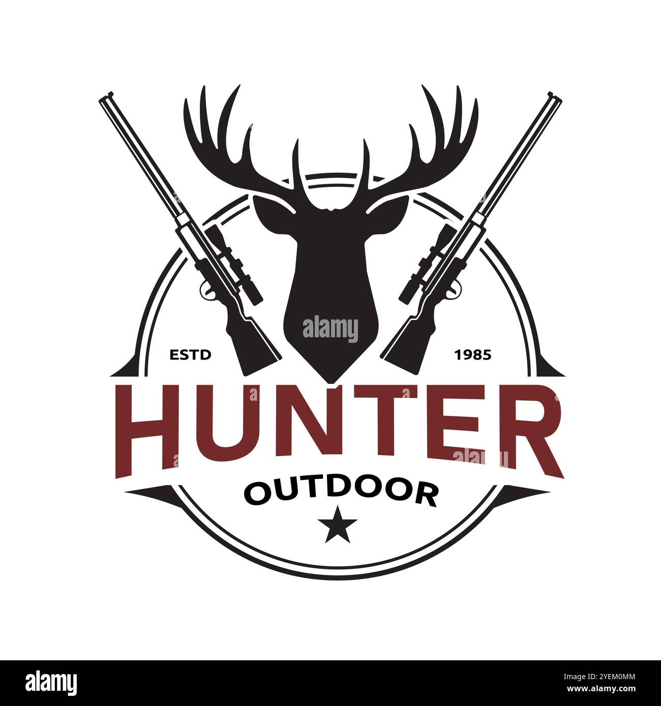 Hirschkopf mit Geweih und Jagdgewehrwaffe für Abenteuer Outdoor Jagdausrüstung Label Vintage Retro Design Logo Stock Vektor