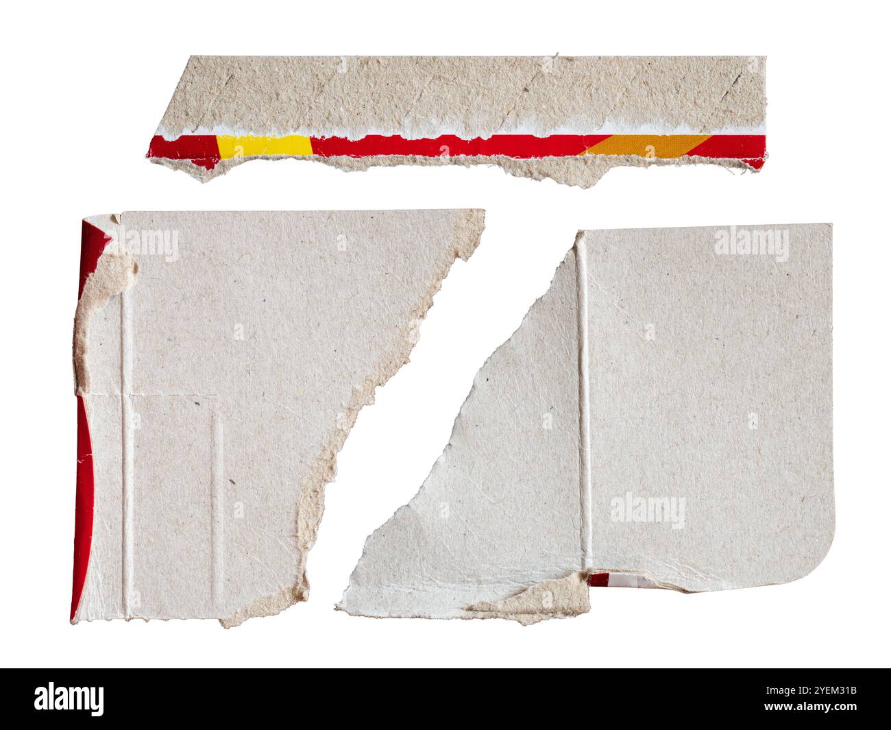 Satz zerrissenes beschädigtes Verpackungskartonpapier auf weißem Hintergrund mit Beschneidungspfad Stockfoto