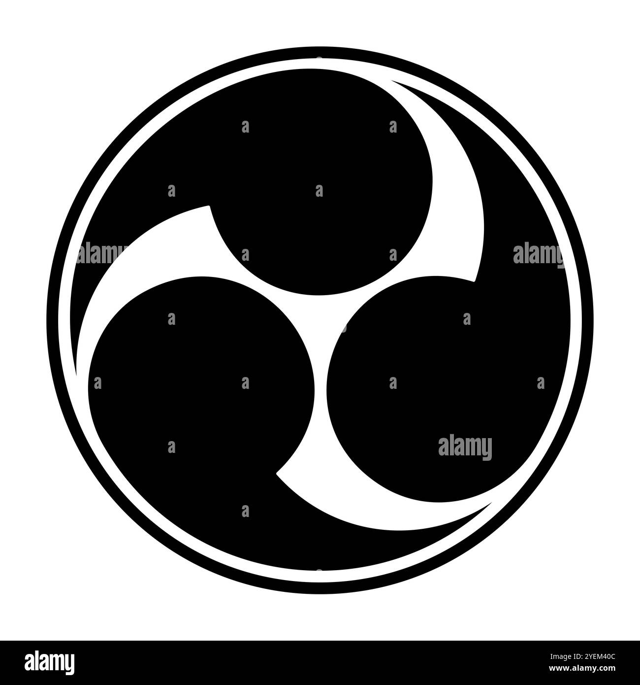 Linkes dreifaches Mitsudomoe, japanisches tomoe-Symbol mit Rand. Wirbel aus 3 Kommas oder Kaulquetschen, umschriebener Kreis. Weit verbreitet für Embleme usw. Stockfoto