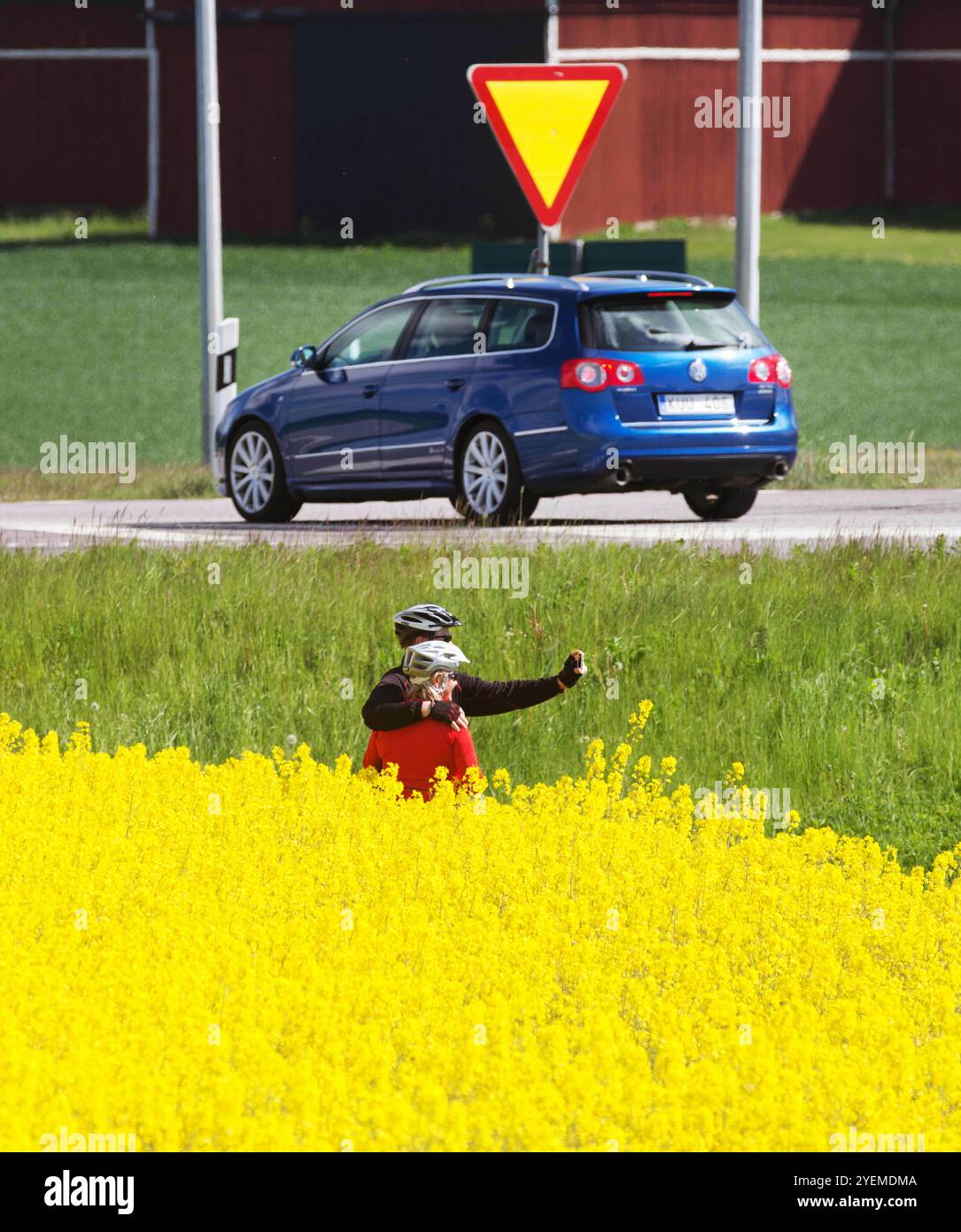 Ein Selfie am Straßenrand? Zwei Radfahrer haben gerade angehalten, um sich mit einem Rapsfeld zu fotografieren. Stockfoto