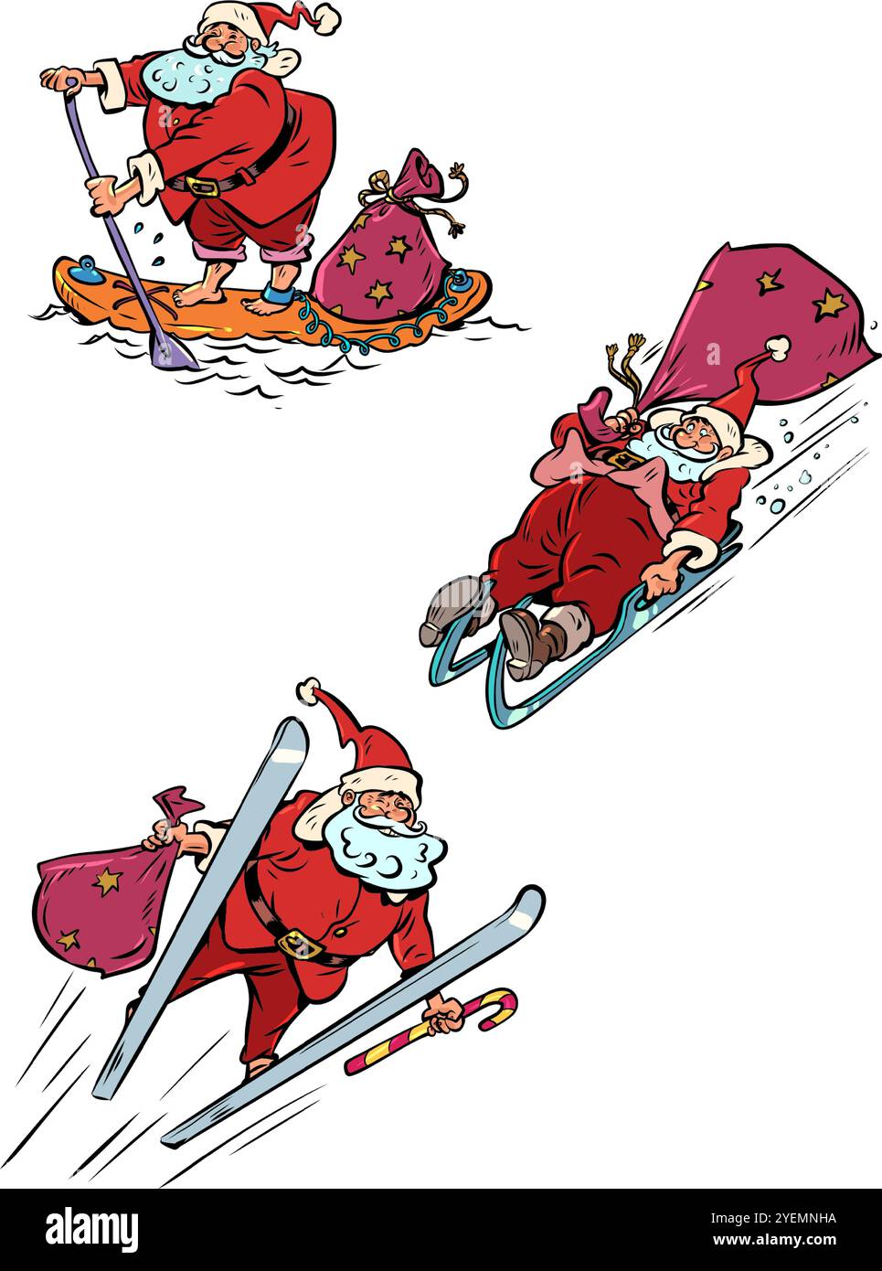 Santa Claus Set und sein Transport. Lieferung vom heiligen an Silvester. Kurier in rotem Santa-Anzug. Comic-Comic-Pop-Art-Retro-Vektor-Illustration Stock Vektor