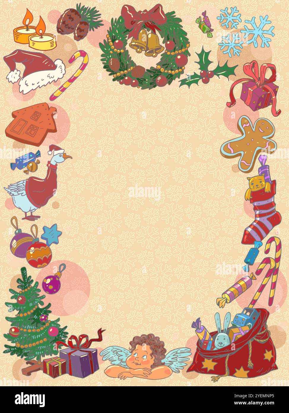 Silvester Weihnachtsrahmen. Gästekarte für das kommende Weihnachten. Urlaubsatmosphäre in Geschäften. Comic Cartoon Pop Art Retro Vektor Illustration Hand zeichnen Stock Vektor