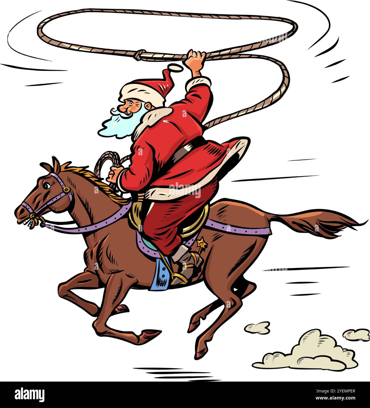 Schnelle Auswahl an Artikeln in Neujahr und Weihnachten. Kunden versuchen, Geschenke zu kaufen. Der Weihnachtsmann reitet mit einem Lasso auf einem Pferd. Comic-Comic-Pop-Art-Retro-Vektor-Illus Stock Vektor