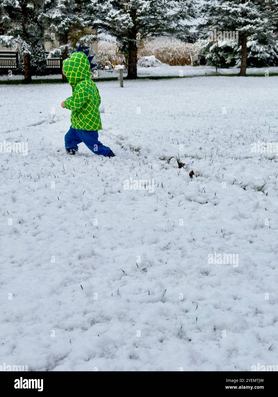 Junge, der im Schnee im Park Spuren hinterlässt, Michigan, USA - Smartphone-aufgenommenes Stockfoto