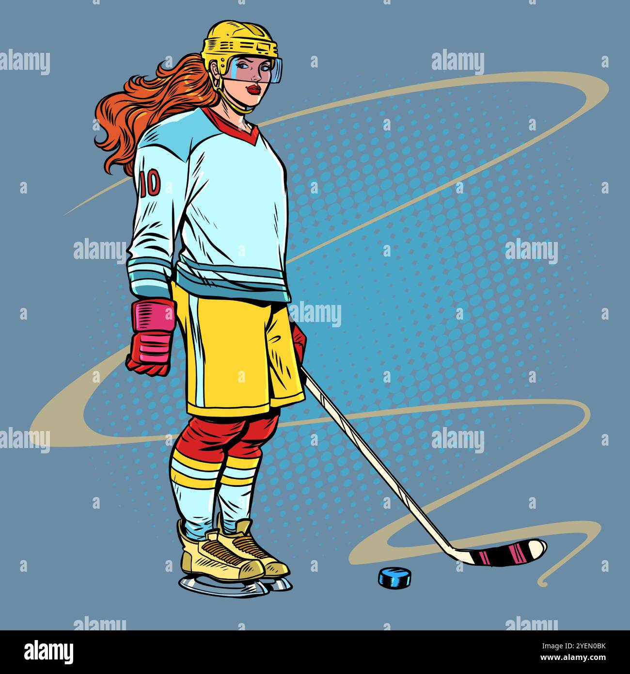 Sportlerin, die Eishockey spielt. Sportwettbewerbe und Champions im Winter. Verkauf von Ausrüstung für Silvester und Weihnachten für Schlittschuhlaufen. Pop Art Ret Stock Vektor