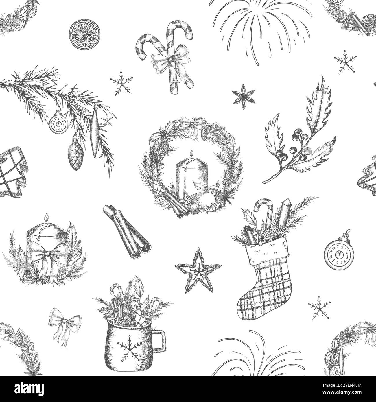 Nahtloses Silvester- und Weihnachtsstrumpf, Orange, Fichtenzweig, Feuerwerk, Kranz. Grafikdarstellung. Wird auf Papier, Taschen, Dishe verwendet Stockfoto