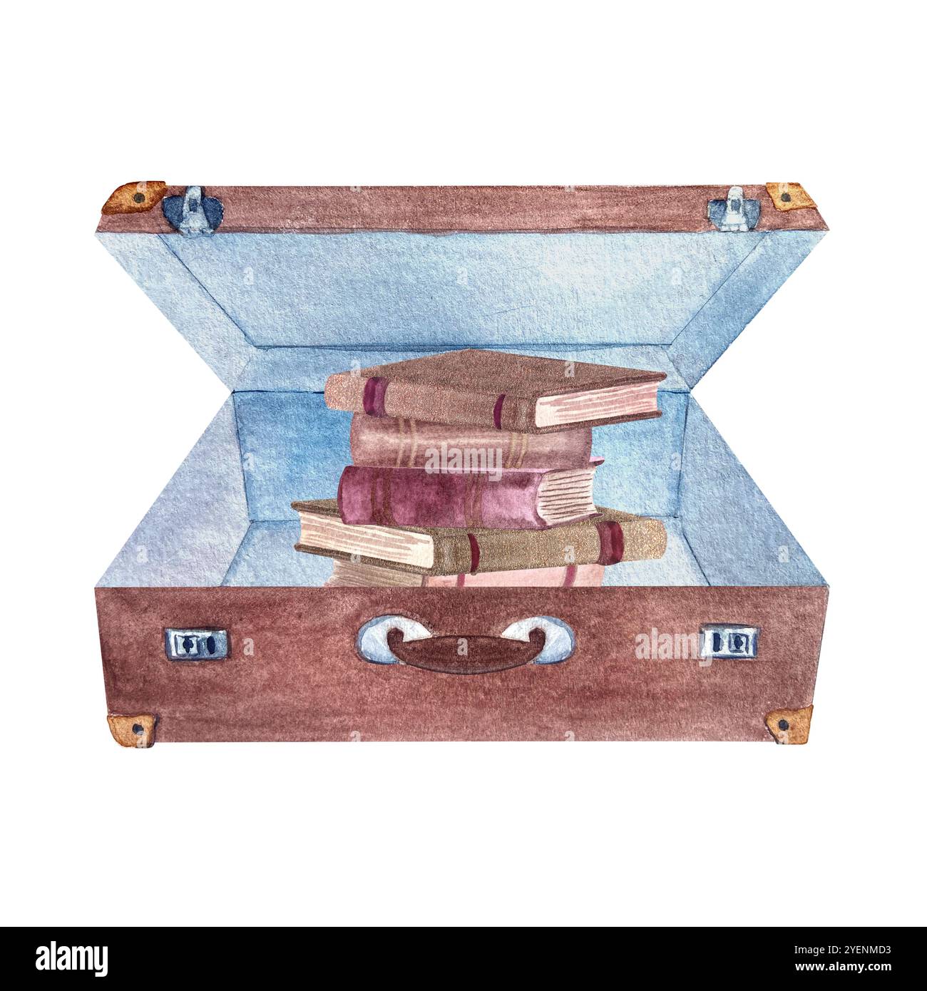 Ein offener brauner Vintage-Koffer mit Büchern, die auf weiß abgebildet sind. Handgezeichnet für Aufkleber, Schreibwaren, Buchladen Dekor und Design Stockfoto