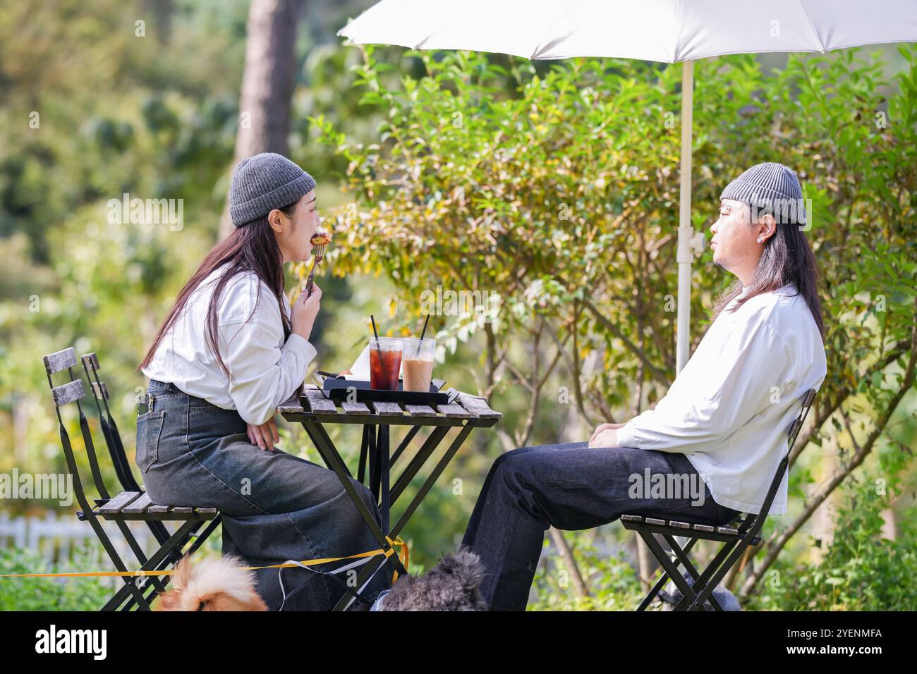 Ein koreanischer Mann und eine Japanerin, beide im Alter von 30 Jahren und ein verheiratetes Paar, genießen in einem stilvollen Café im Herbst einen Brunch mit drei Hunden Stockfoto