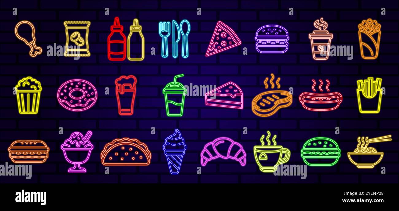 Undefinierte Neon-Food-Ikonen im Vintage-Stil auf hellem Hintergrund. Business, Symbolgruppe. Vektorabbildung. Stock Vektor