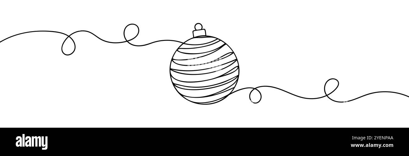 Weihnachtskugel in einer durchgehenden Linienzeichnung. Festliche Weihnachtsbaumkugel mit Band in schlichtem linearen Stil. Vektorgrafik mit Kritzelumrandung. Stock Vektor