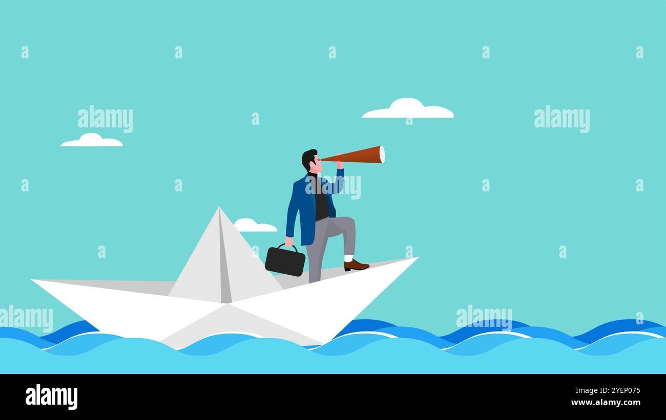 Geschäftsmann segelt auf einem Papierboot, während er mit einem Teleskop nach Geschäftsmöglichkeiten sucht, Geschäftsmöglichkeiten Stock Vektor