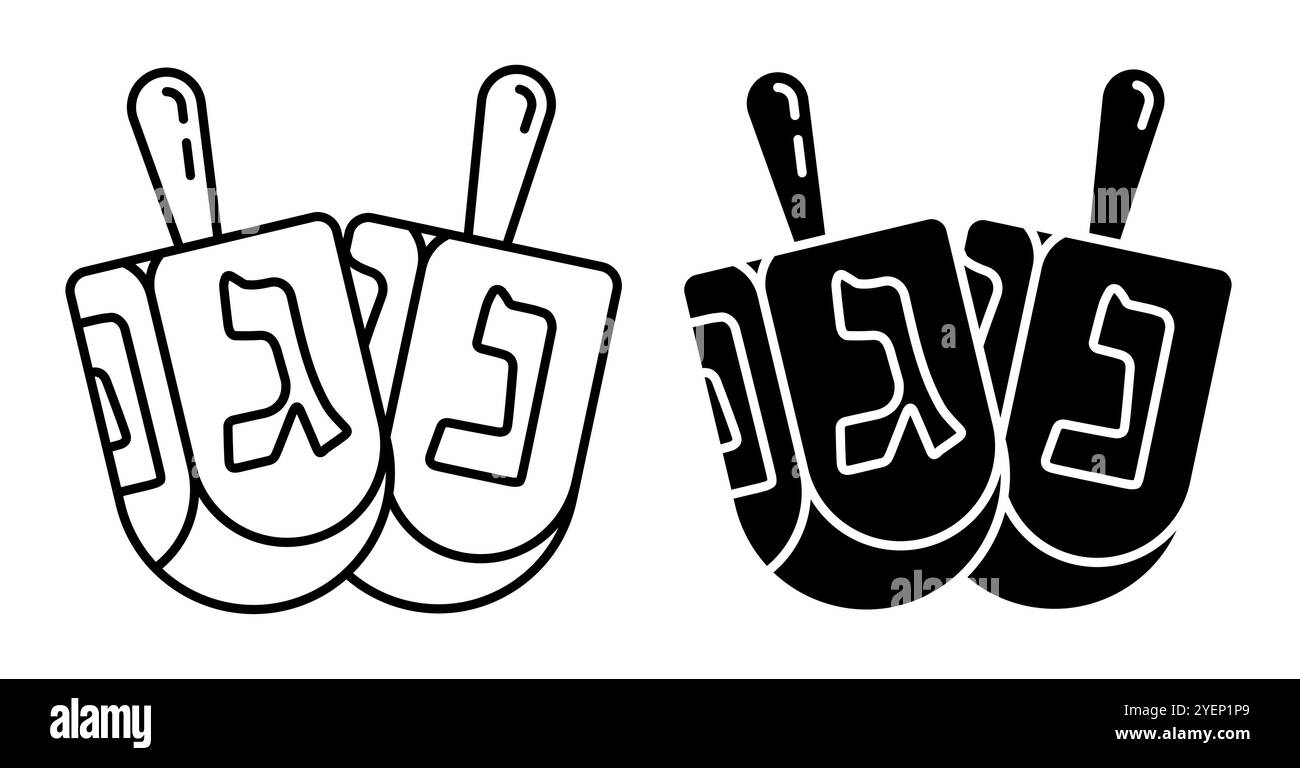 Lineares Symbol. Hanukkah jüdisches symbolisches Holzspielzeug mit Buchstaben des Alphabets zum Drehen. Einfacher Schwarzweiß-Vektor isoliert auf weißem Hintergrund Stock Vektor