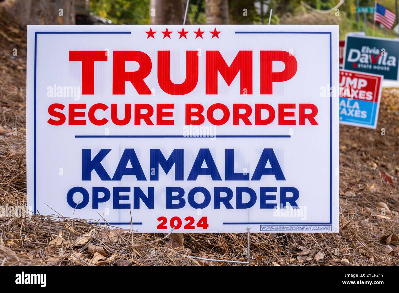 Trump Yard beschildert bei einer Wahlstation in Metro Atlanta, Georgia, während der frühen Wahlen im US-Präsidentschaftswahlkampf 2024. (USA) Stockfoto