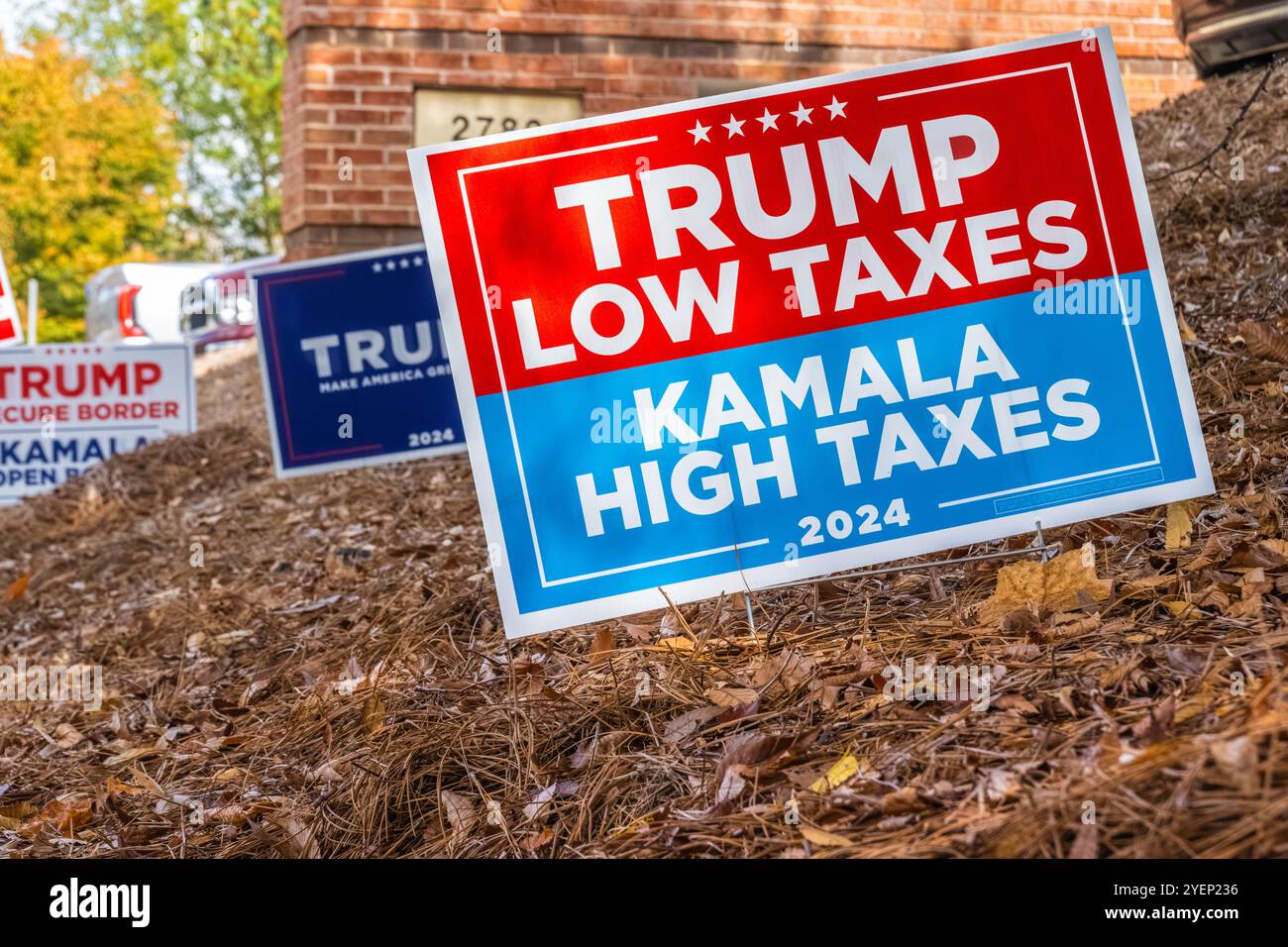 Trump Yard beschildert bei einer Wahlstation in Metro Atlanta, Georgia, während der frühen Wahlen im US-Präsidentschaftswahlkampf 2024. (USA) Stockfoto