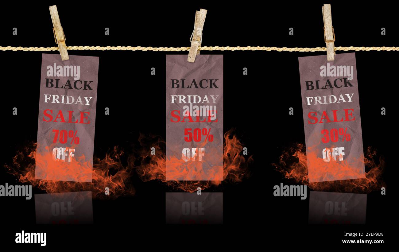 Black Friday-Verkaufsmarken mit deutlichen Rabatten von 30 % bis 70 % mit feurigen Effekten, die ein Gefühl von Dringlichkeit und Begeisterung für Käufer schaffen. Stockfoto