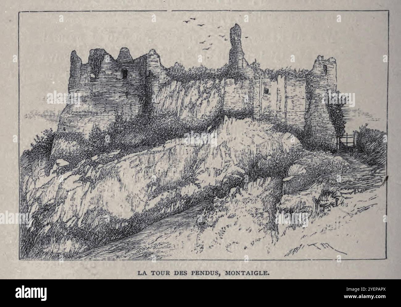 LA TOUR DES PENDUS, MONTAIGLE aus „in den Ardennen“ illustriert von Macquoid, Thomas Robert und veröffentlicht 1881 die Burg Montaigle (französisch Château de Montaigle) ist eine mittelalterliche Ruine in Falaën in der Gemeinde Onhaye, Provinz Namur, Wallonien. Sie wurde im 14. Jahrhundert erbaut und 1554 von Heinrich II. Von Frankreich zerstört. Es steht auf einem felsigen Sporn mit Blick auf die Täler der Molignée und des Flavion. Stockfoto